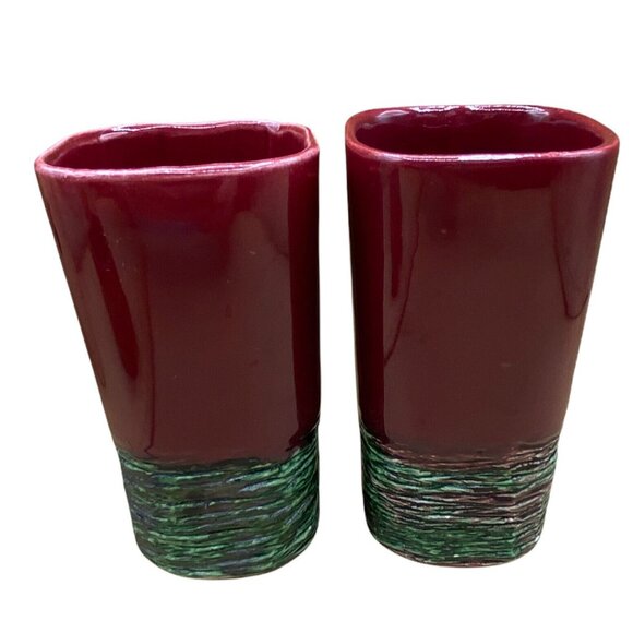 Mid Century Aborn California Pottery 5.5” Red Tree Bark Vase R-1 LOT 2 Matching - Picture 2 of 12